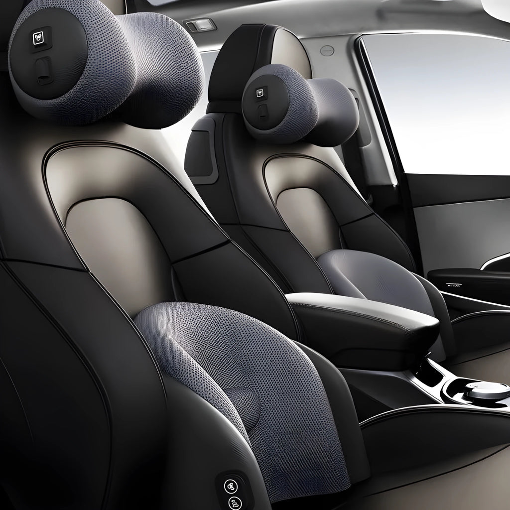 Car electric massage cushion with memory cotton headrest in black colour on car seat