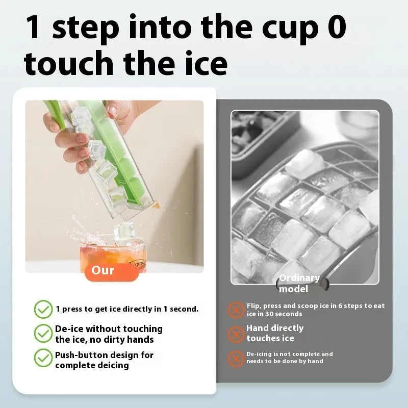 Food-grade ice cube mould with one-press release mechanism and storage box in kitchen setting
