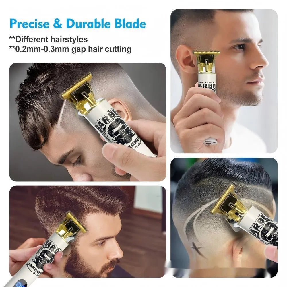 Rechargeable stainless steel hair clipper with USB charging cable and 4 guard attachments