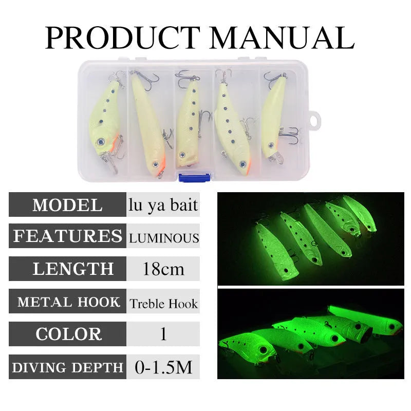 Set of five 3D fluorescent hard fishing lures with luminous details on a blue background.