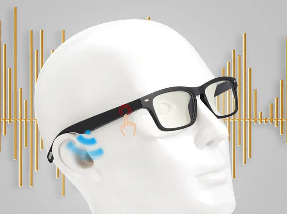Smart sunglasses with open-ear Bluetooth speakers and polarised lenses on a table with charging case.
