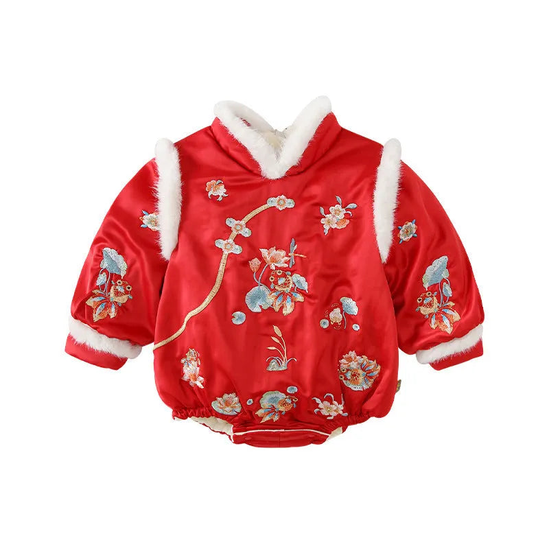 Red thickened baby triangle jumpsuit with long sleeves and pullover style on white background