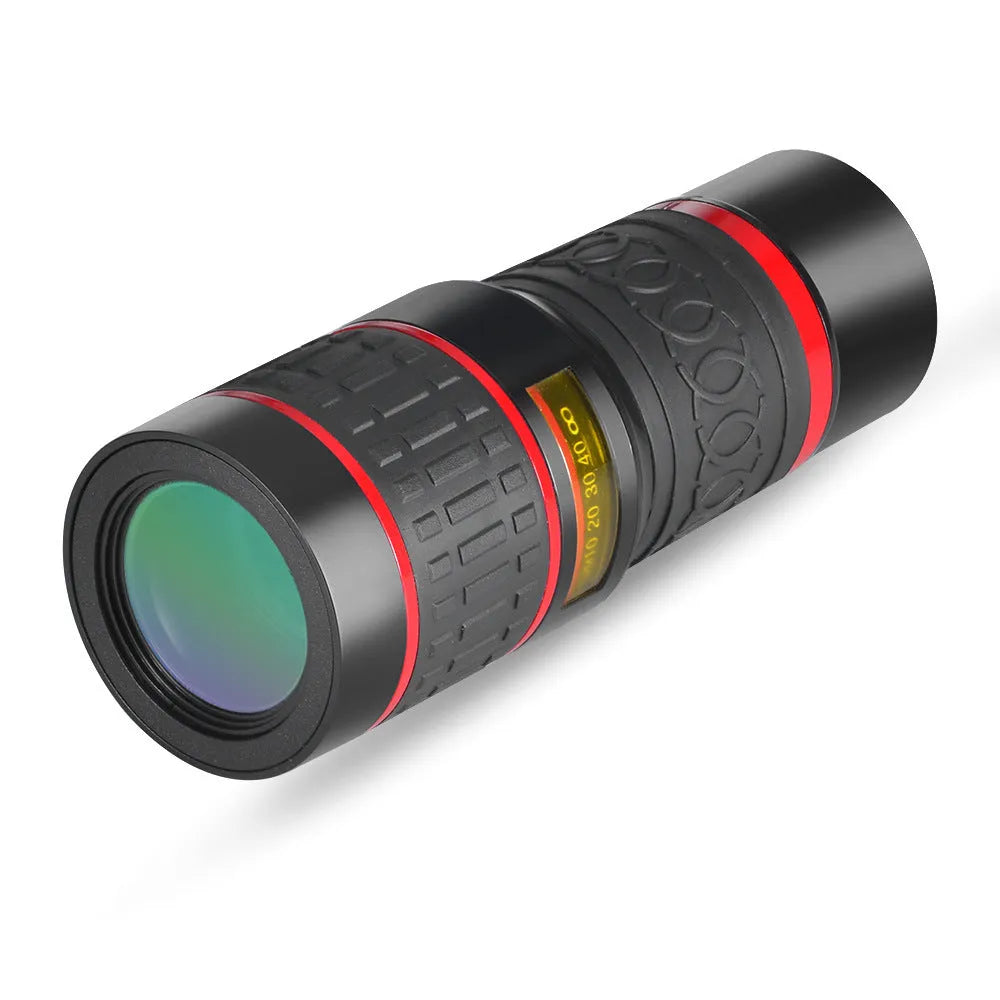 20x magnification mobile phone telescope with universal mounting clip and single eyepiece mask.