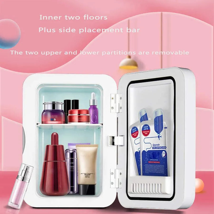 White portable cosmetic refrigerator cooler warmer with removable shelf for skincare products