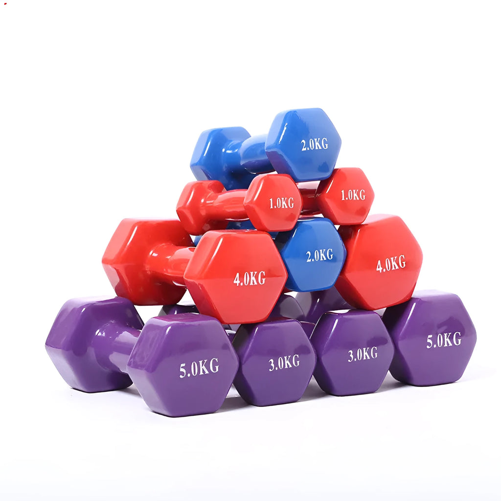 A set of bright red and blue plastic fitness dumbbells with a glossy, rubber-coated surface.
