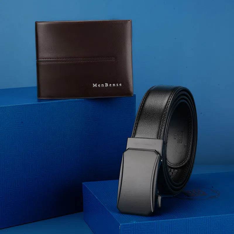 Genuine leather men's belt and wallet combo set with alloy buckle in black and brown, includes gift box