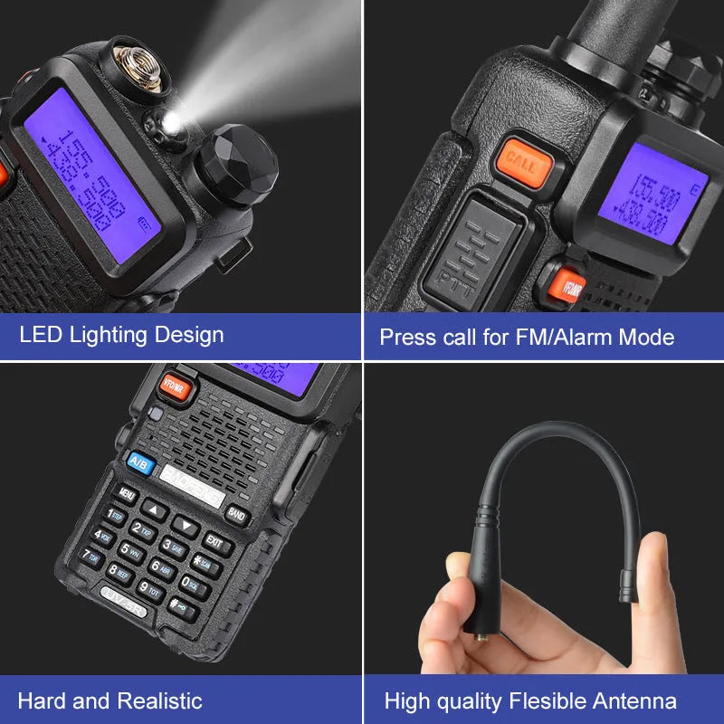Black handheld VHF UHF walkie talkie with antenna, LCD display, and keypad.