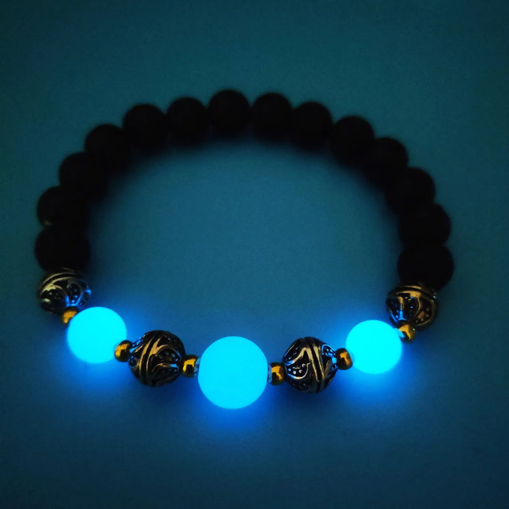 Luminous beaded bracelet for women with fluorescent stone beads, 55mm inner diameter, ancient bronze electroplating