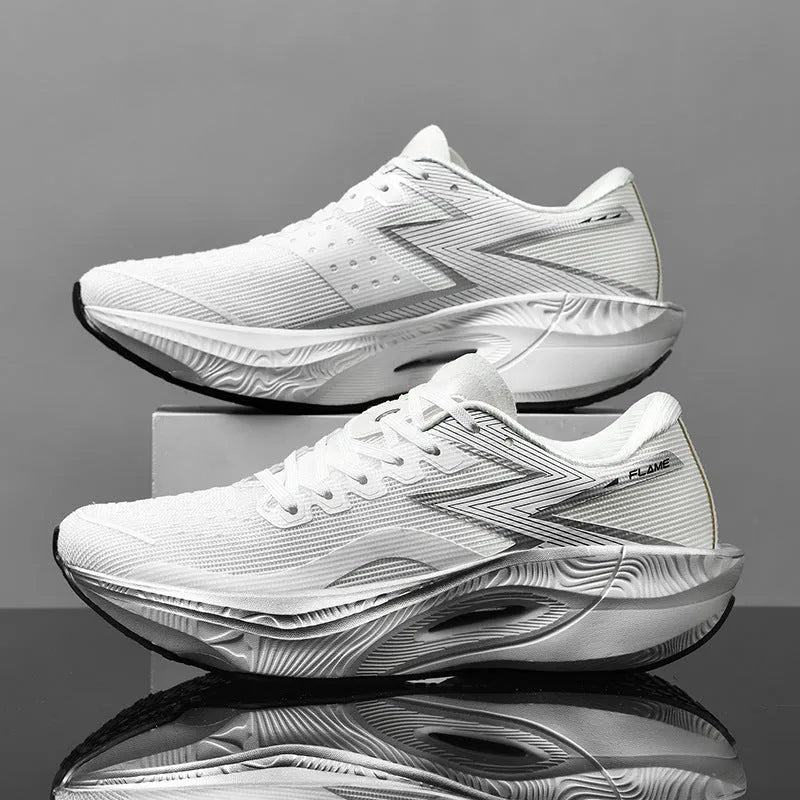 Marathon full palm carbon plate racing running shoes in multiple colours on a white background