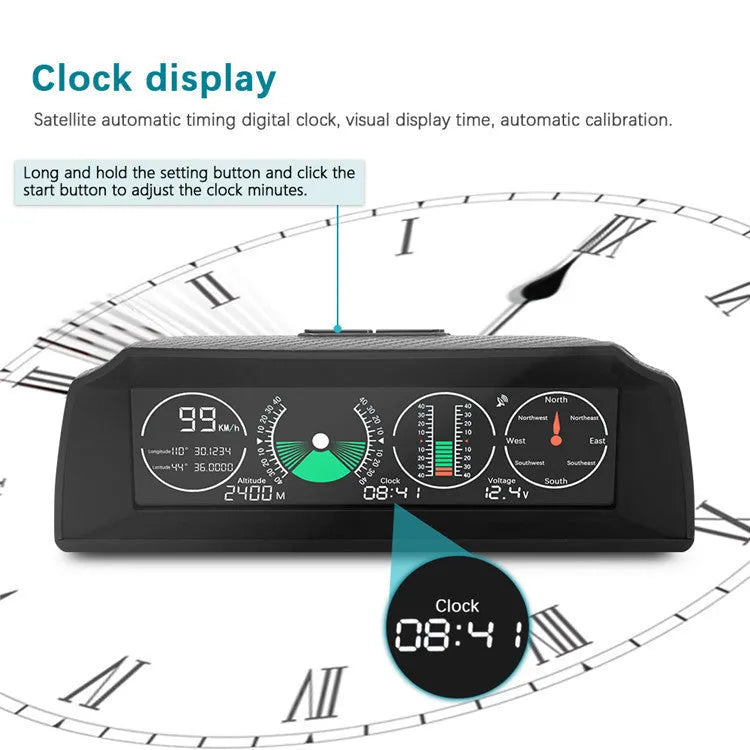 GPS GO 2 universal car head-up display with carbon fibre body on a dashboard showing speed and gradient data.