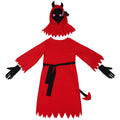 Red Halloween demon cosplay costume with serrated hem dress, horned hood, plush tail, wrist gloves, and translucent glasses