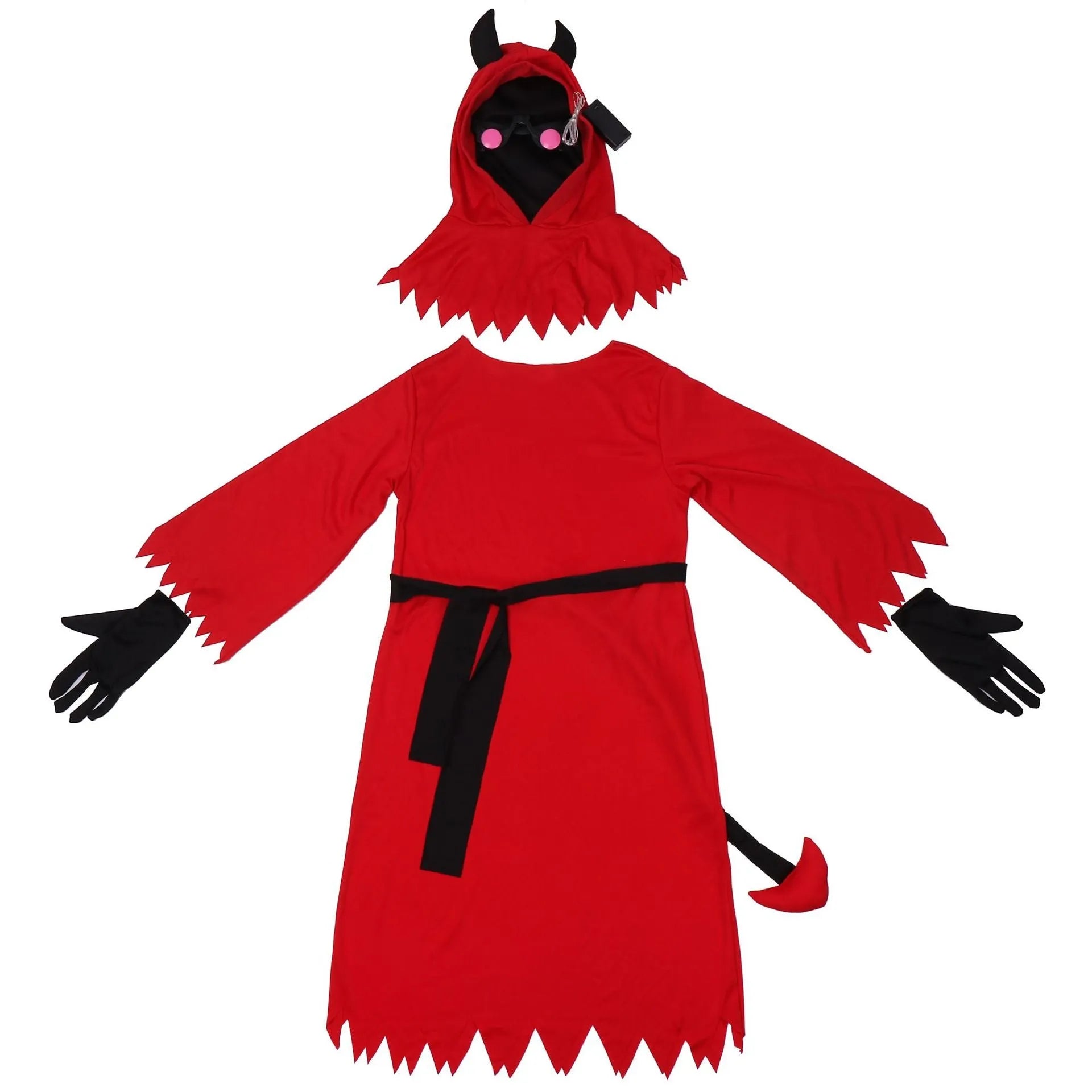 Red Halloween demon cosplay costume with serrated hem dress, horned hood, plush tail, wrist gloves, and translucent glasses