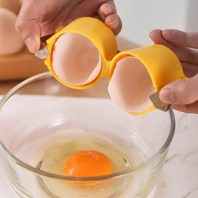 Egg shell opener and beater kitchen tool with stainless steel blades and coloured plastic handle