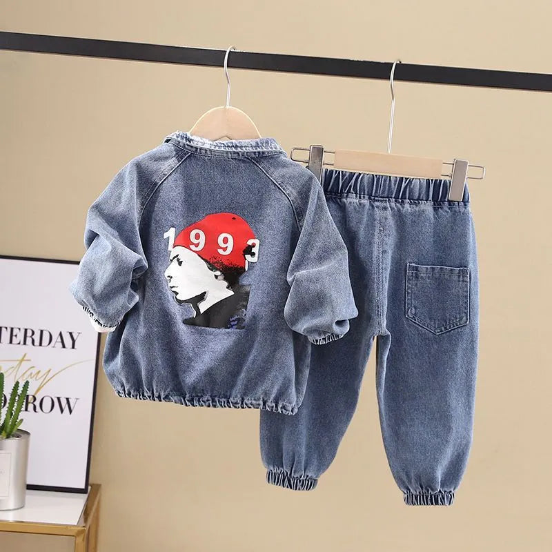 Boys black and blue denim two-piece suit set with long sleeves in Korean style children's clothing