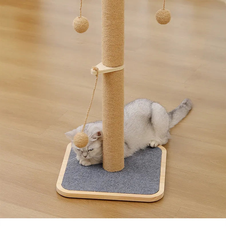 Simple style cat climbing frame with a hanging ball toy, made from pine wood and carpet leather.
