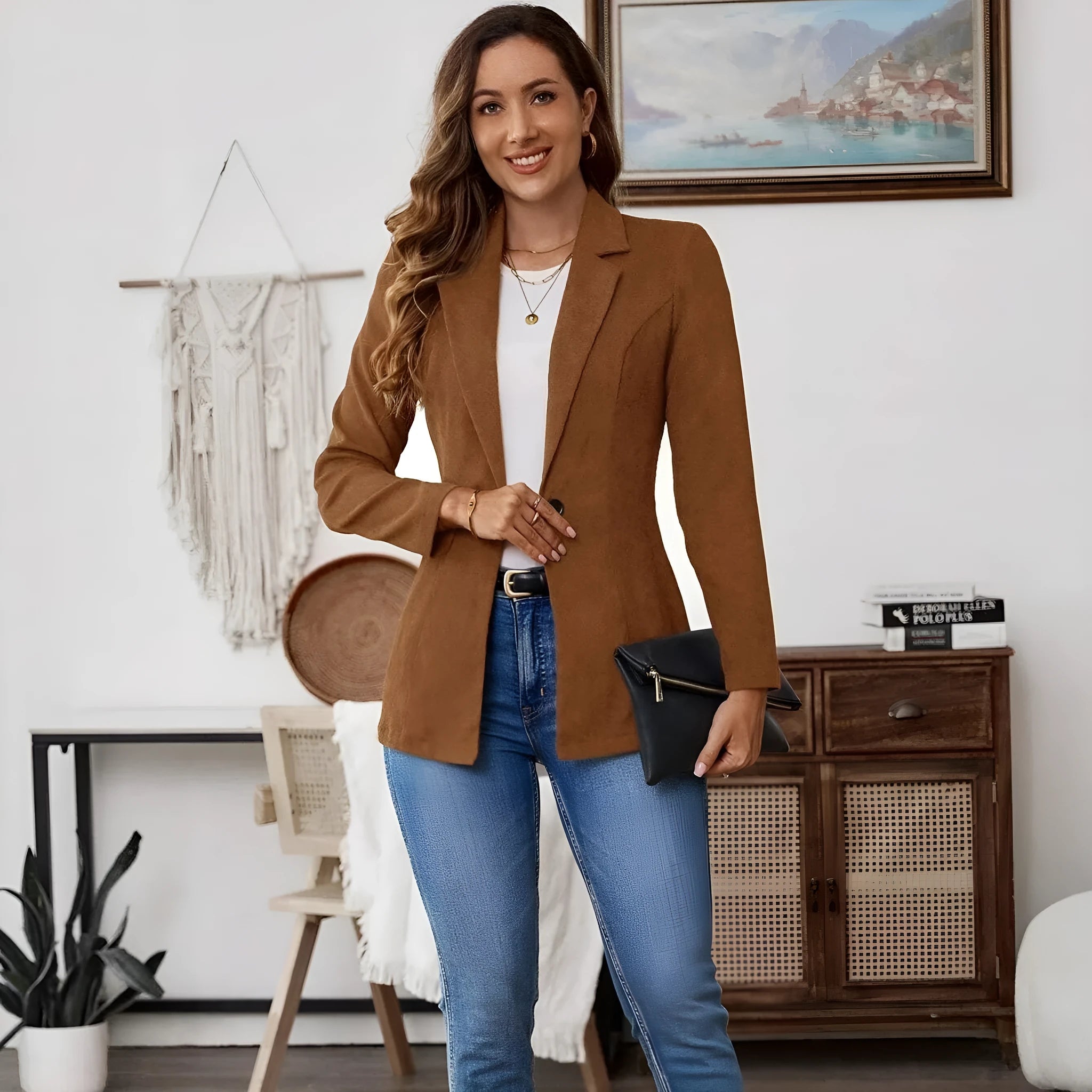 Brown men's single-breasted casual suit coat with long sleeves on a hanger