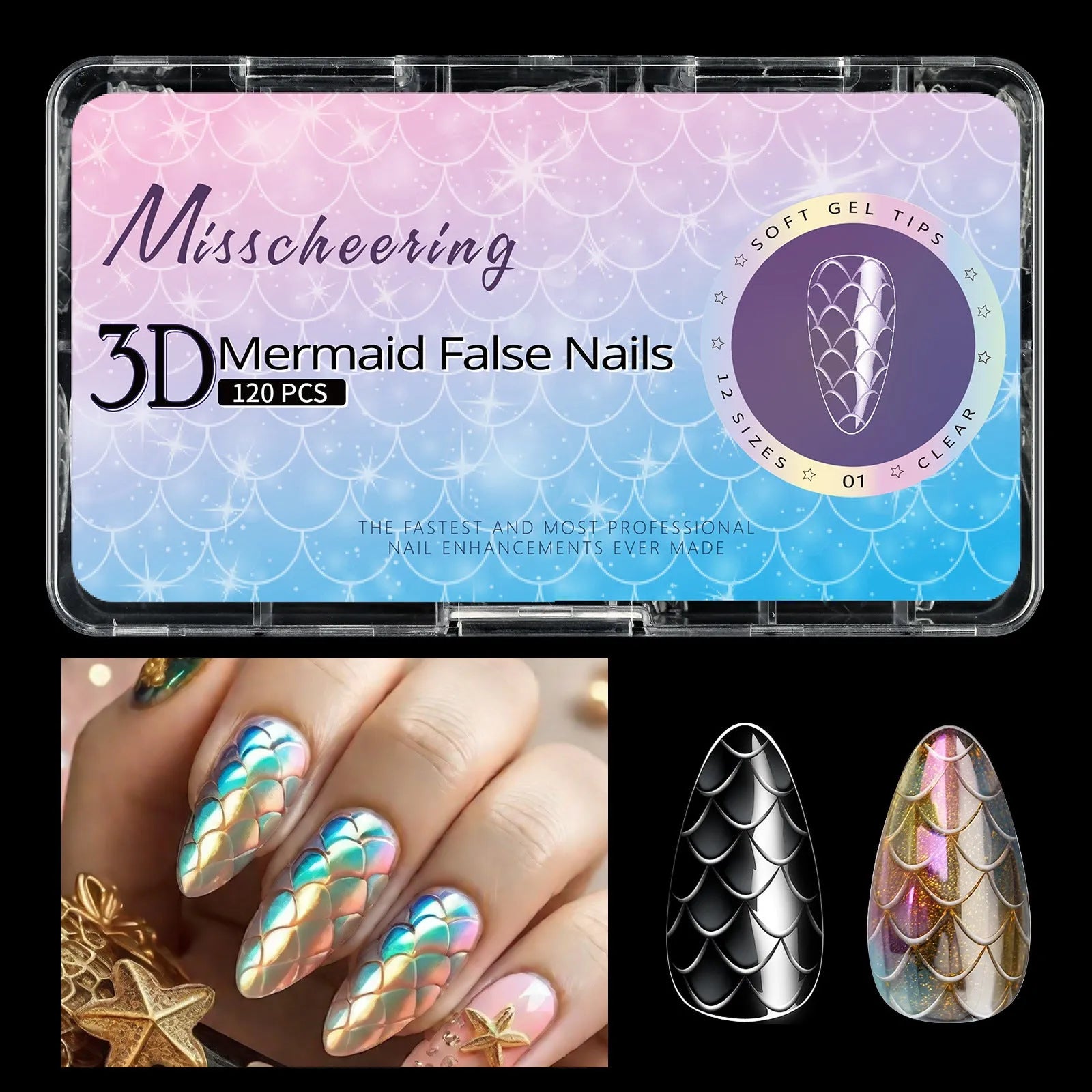 3D scale textured long shaping artificial nail tips in a Frigate box, showing colour mix options 01 to 07.