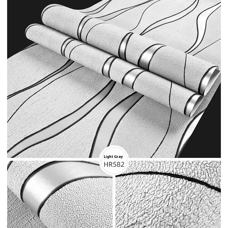 Close-up of light grey curve stripe 3D velvet wallpaper texture on a non-woven roll