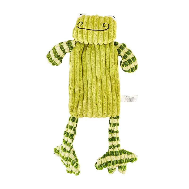 Green and orange 4-inch plush dog toy with squeaker for aggressive chewers