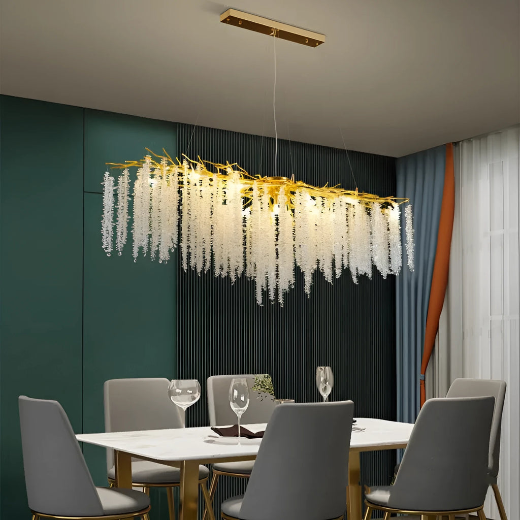 Adjustable height crystal chandelier lamp in round and long styles for living room or dining room.