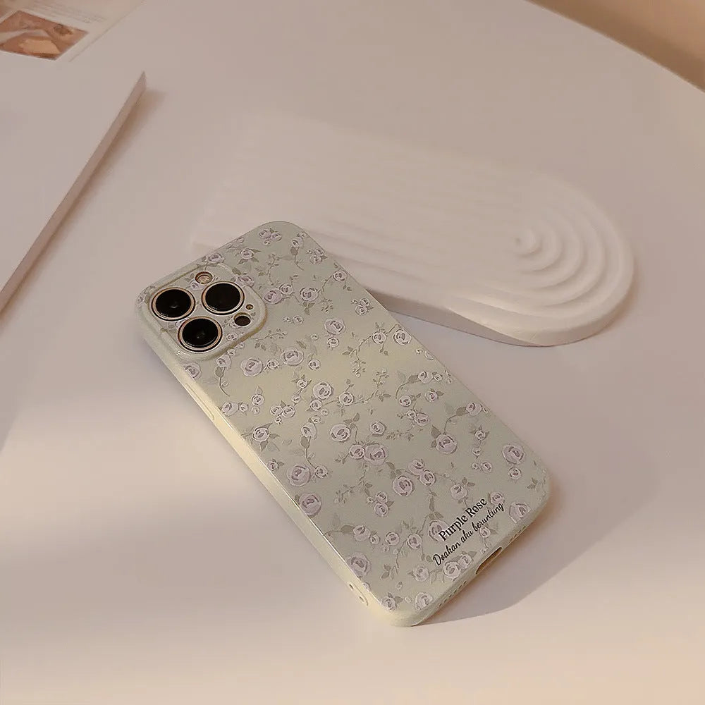 Korean vintage floral TPU phone case for Apple iPhone with painted flowers in embroidered green, water blue, or white colourway