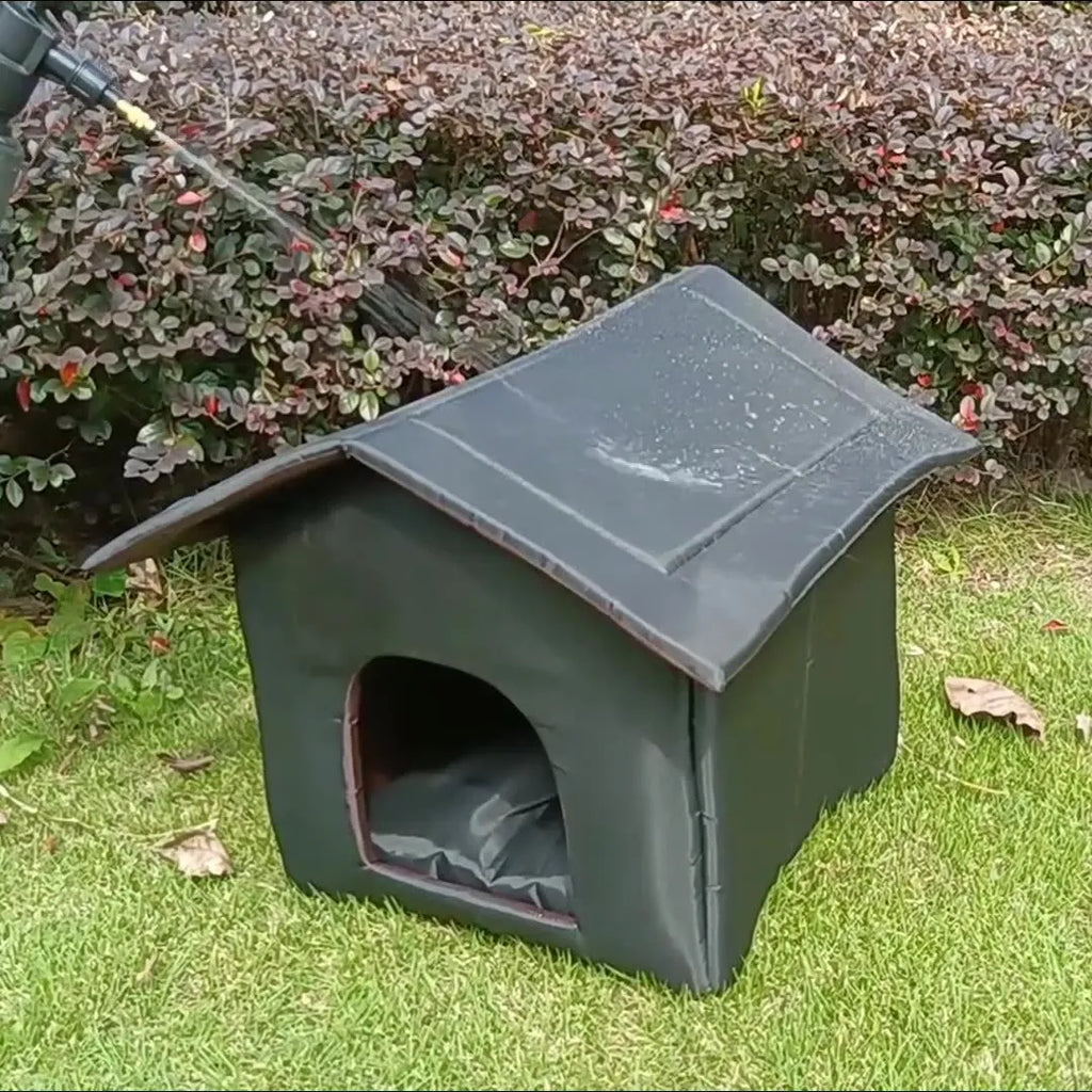 Black outdoor waterproof Oxford cloth cat shelter for stray cats on grass with detachable house nest design