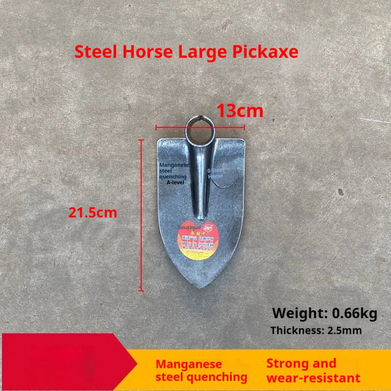Agricultural pointed hoe tool with a flat steel blade and stainless steel shaft.