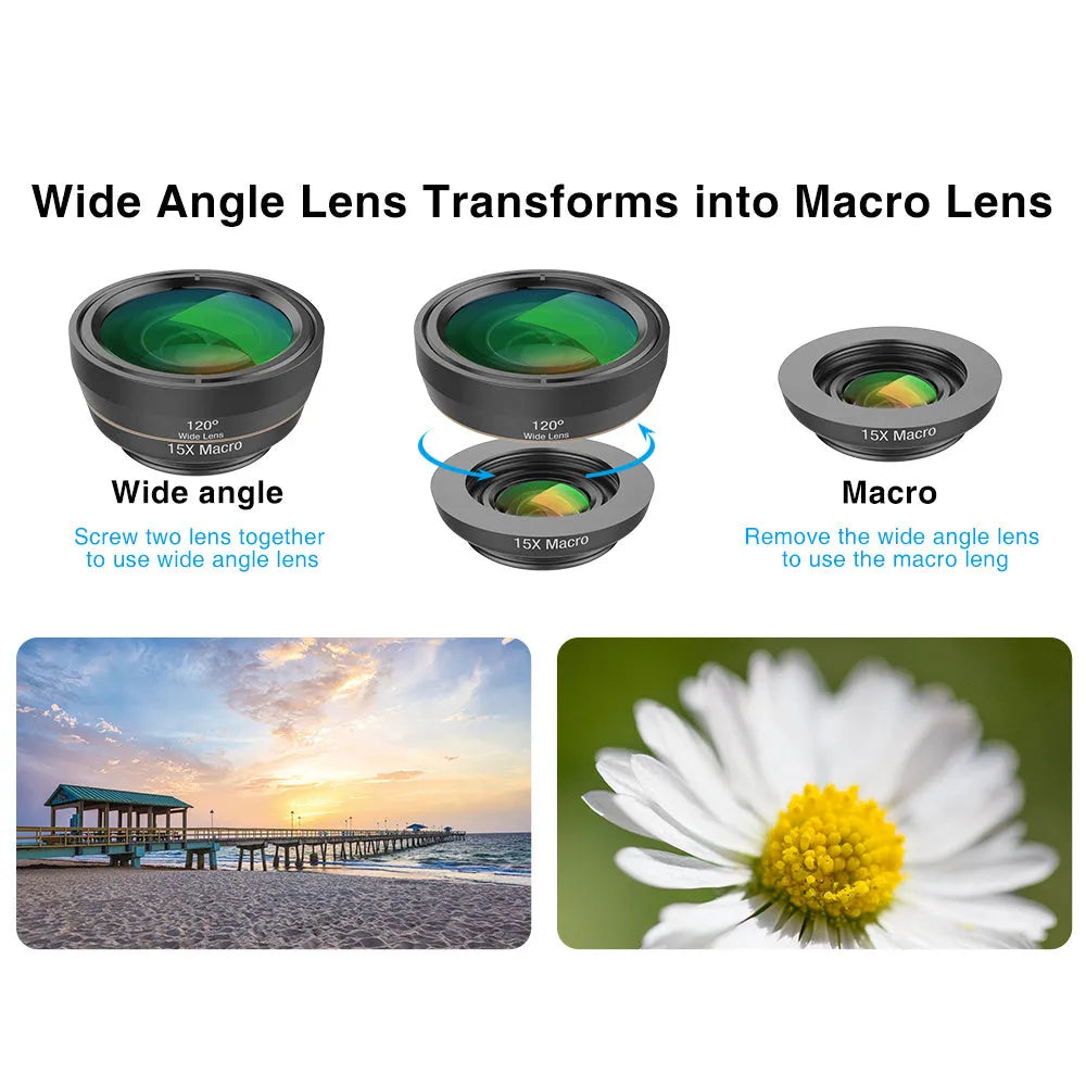 Black 6-in-1 universal smartphone camera lens kit with fisheye, macro, wide-angle, telephoto, filters, clip, and case.
