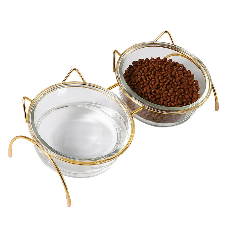 Glass cat bowl with iron rack, double and single options for cats and small dogs
