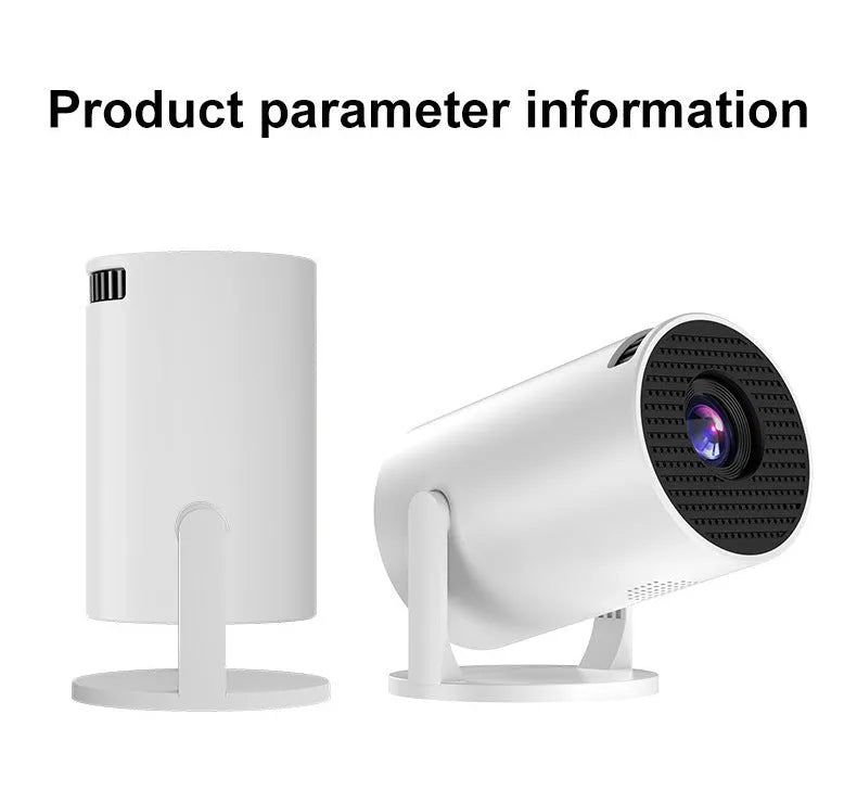 White mini wireless HD portable projector and wireless projection screen for home use.