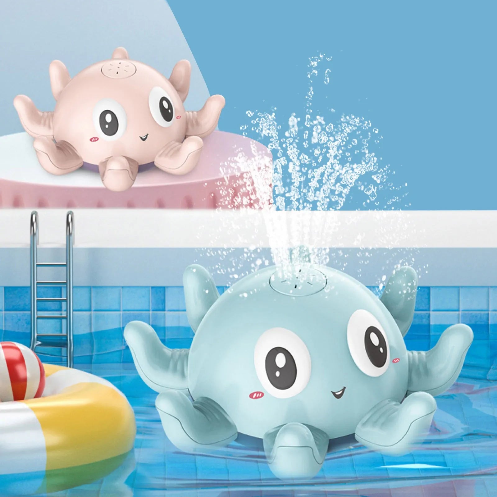 Blue automatic water spray bath toy with flashing lights for children's bath time