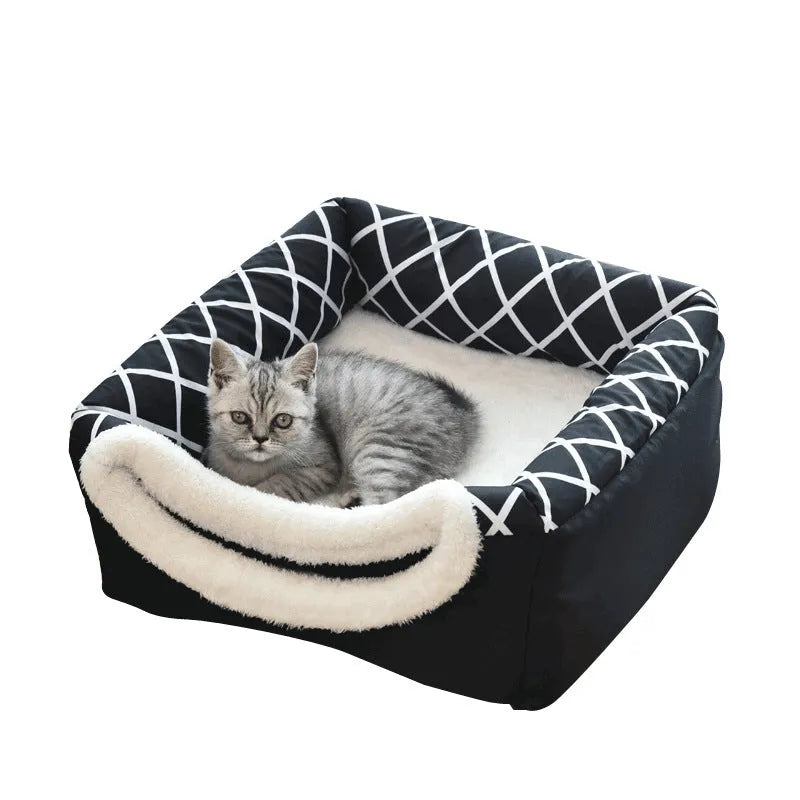 Closed cat room space box pet nest in grey velvet with enclosed design and high density sponge filling