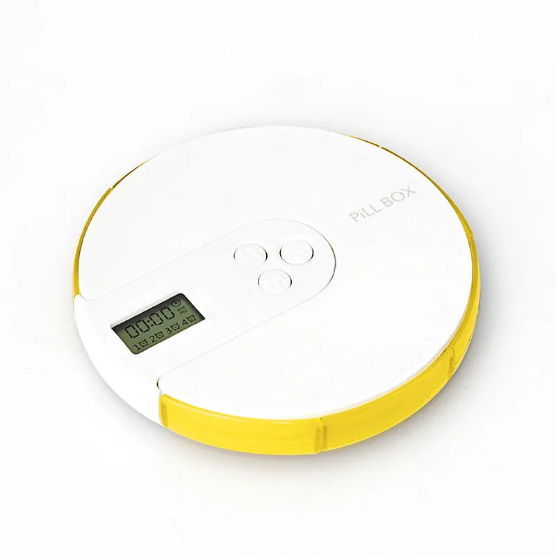 Blue 7-day pill organiser with digital alarm clock display and timer buttons