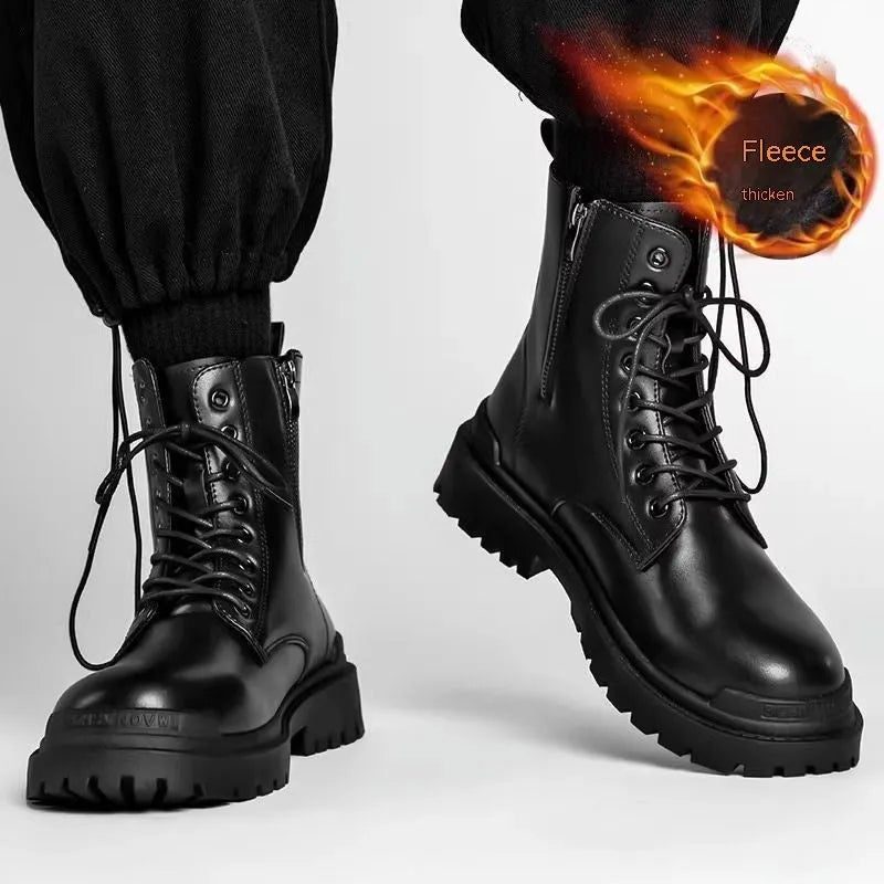 Men's black mid-top waterproof boots with flat rubber sole and PU upper