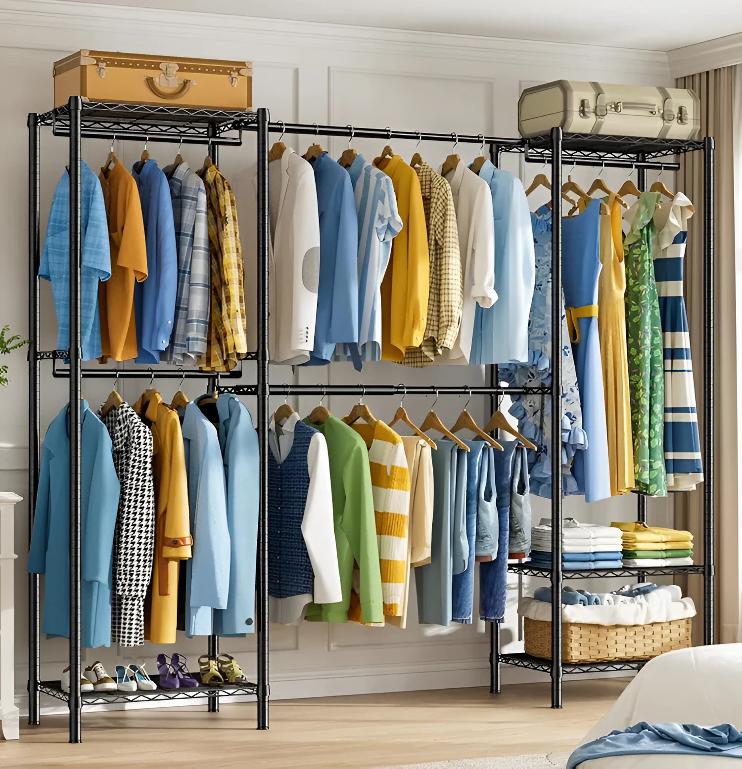 Black metal floor storage rack with carbon steel construction for hanging clothes and garments