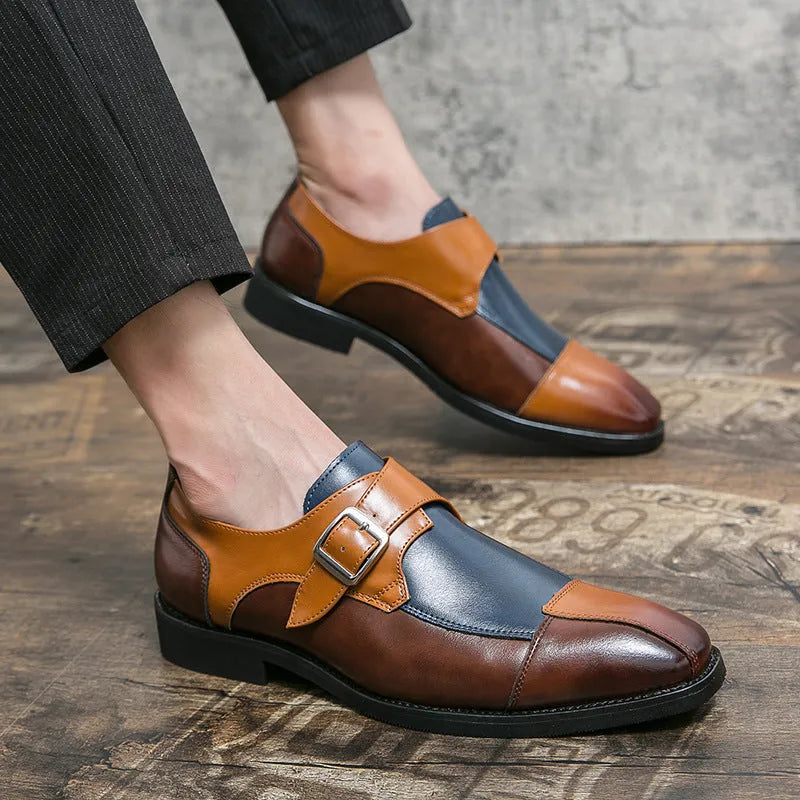Men's brown blue retro casual shoes with tall crown and buckle detail on microfiber upper.