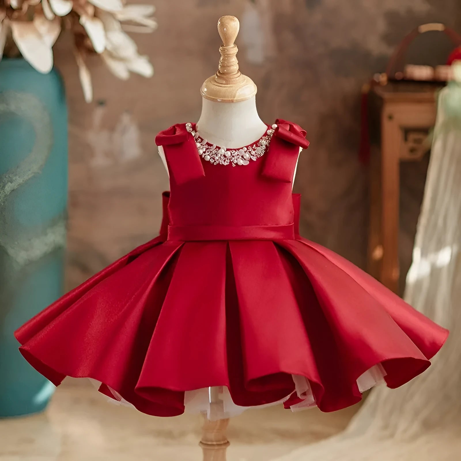 Red satin princess-style dress for girls, suitable for piano performances, polyester fiber, sizes 80-130cm