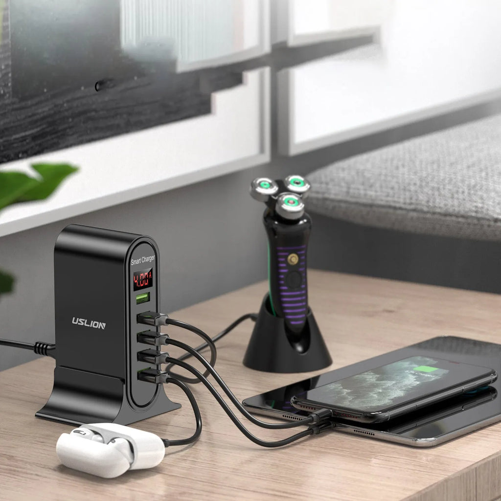Smart LED digital display USB charger showing black and white options with EU UK US plugs