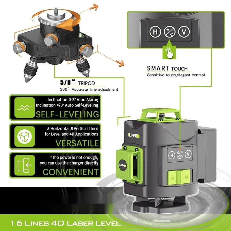 Green 16-line laser level with 360° emission angle on measurement surface