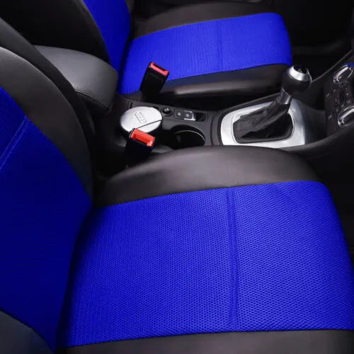 Universal artificial leather car seat covers in a 9-piece set showing front seat, headrest, and back seat pieces.