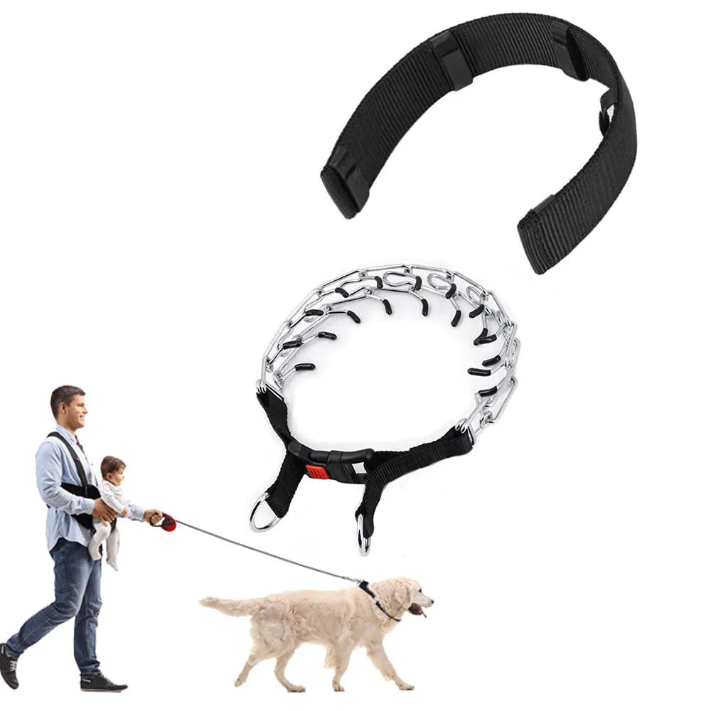 Dog training chain collar with a soft black neoprene cover shown on a size medium setting.