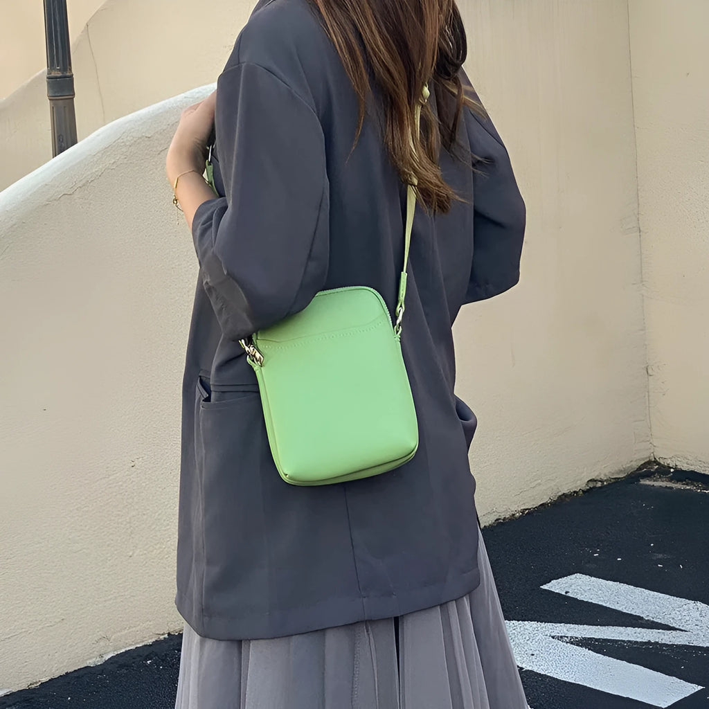 Small solid colour crossbody shoulder bag for women in beige, shown with dimensions.