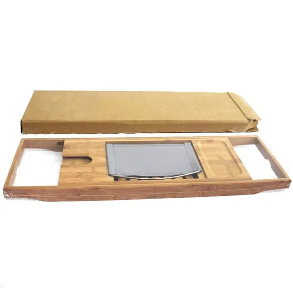 A freestanding bamboo bathtub frame with a single-level platform for bathroom storage.