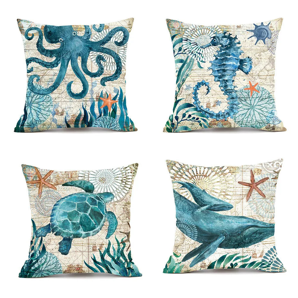 Square linen cushion cover with a detailed blue sea turtle print, showing a hidden zipper along one edge.