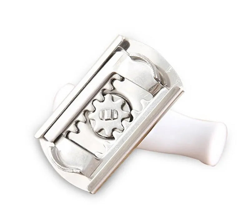 White adjustable stainless steel bottle opener with gear design and PP handle on a wooden surface.