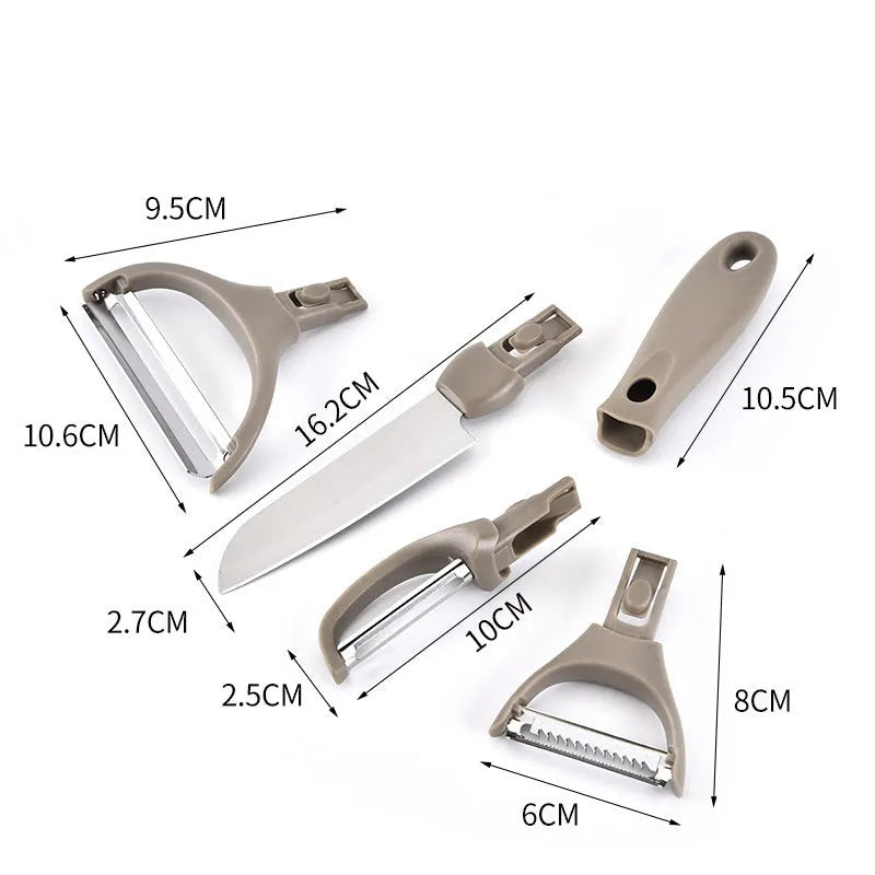 Green eight-piece multi-function kitchen planer set with disassemblable components on a PP base.