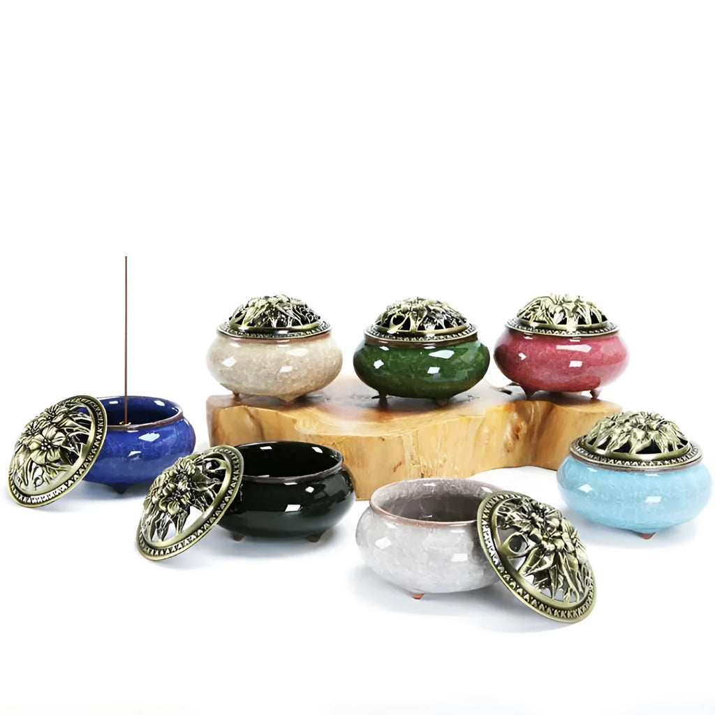 Ceramic retro incense burner with 8cm diameter available in multiple colours including amber yellow and sapphire blue