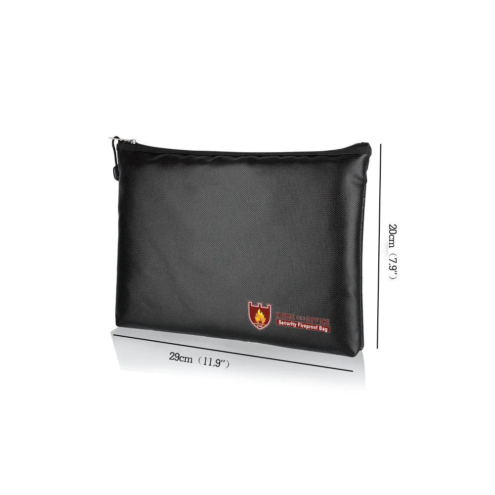 Black fire-proof contract document bag with adjustable internal compartments shown in three size options