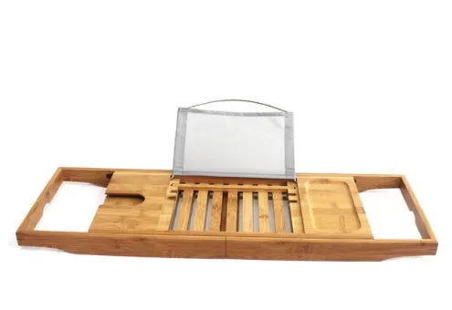 A freestanding bamboo bathtub frame with a single-level platform for bathroom storage.