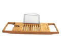 A freestanding bamboo bathtub frame with a single-level platform for bathroom storage.